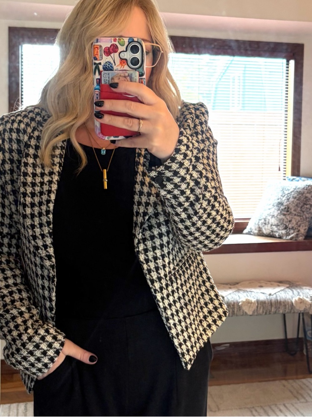 Halogen Black & White Houndstooth Blazer cropped jacket sz L tweed business work